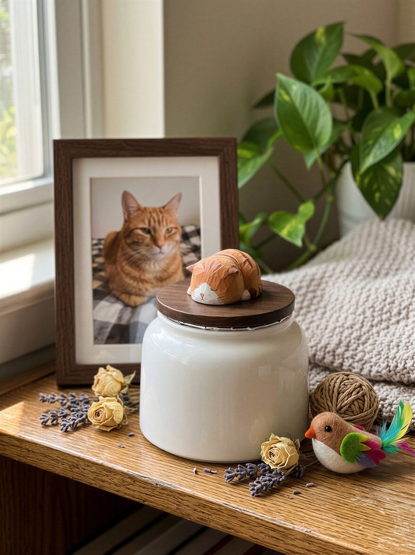 Sleeping Orange Cat Ceramic Pet Urn with Memorial Figurine - 570ml - pet ashes memorial urn