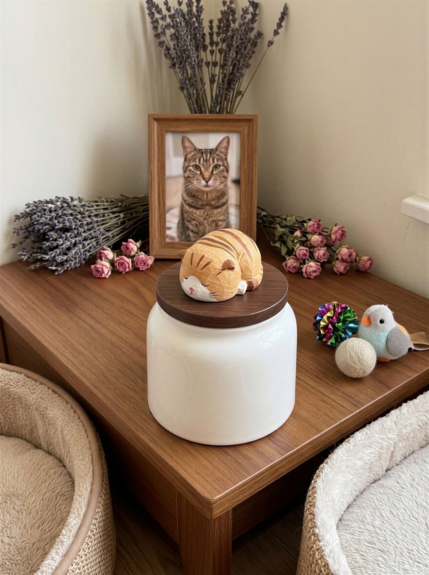 Sleeping Orange Cat Ceramic Pet Urn with Memorial Figurine - 570ml - pet ashes memorial urn