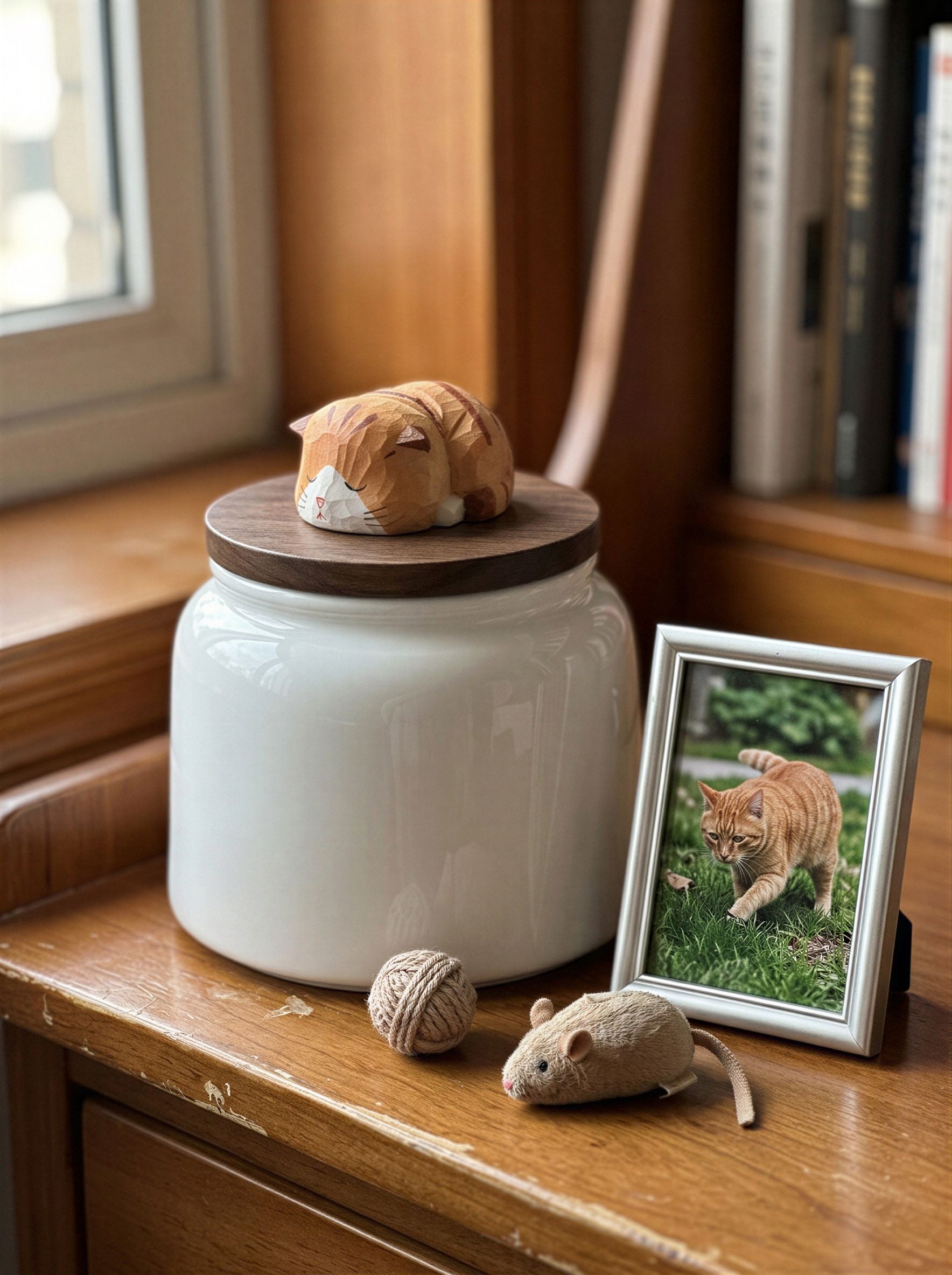 Sleeping Orange Cat Ceramic Pet Urn with Memorial Figurine - 570ml - pet ashes memorial urn