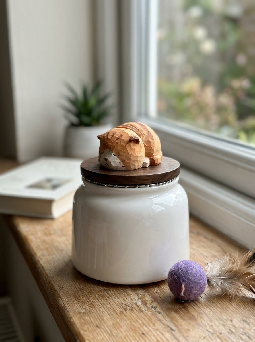 Sleeping Orange Cat Ceramic Pet Urn with Memorial Figurine - 570ml - pet ashes memorial urn