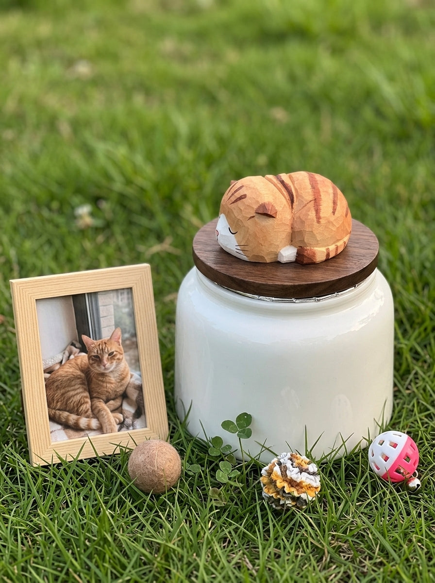Sleeping Orange Cat Ceramic Pet Urn with Memorial Figurine - 570ml - pet ashes memorial urn