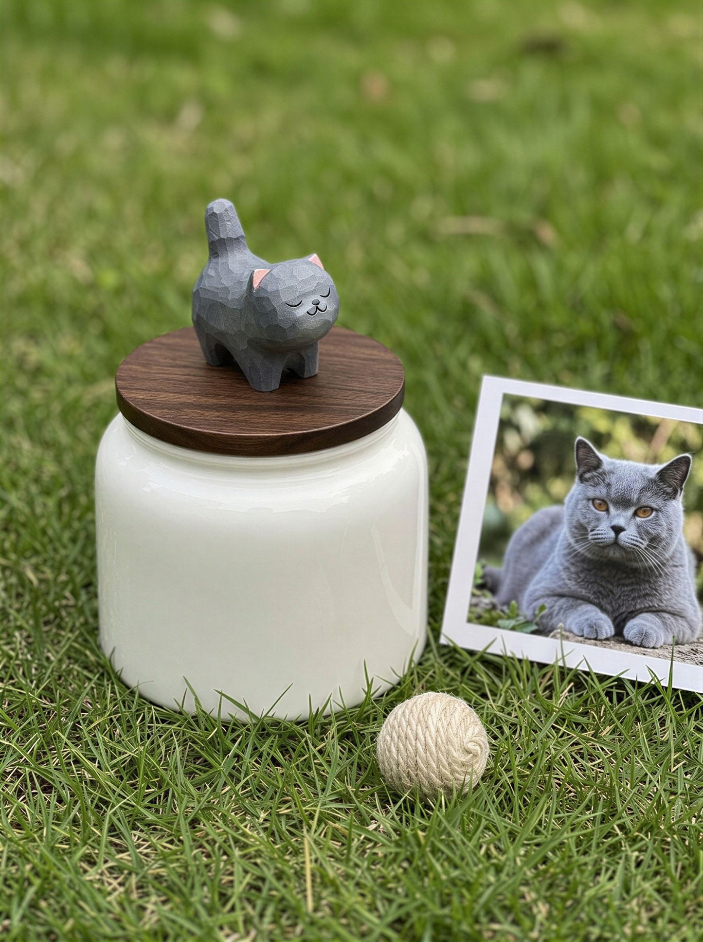Standing Cat Ceramic Pet Urn with Memorial Figurine - 570ml - Blue British Shorthair - pet ashes memorial urn