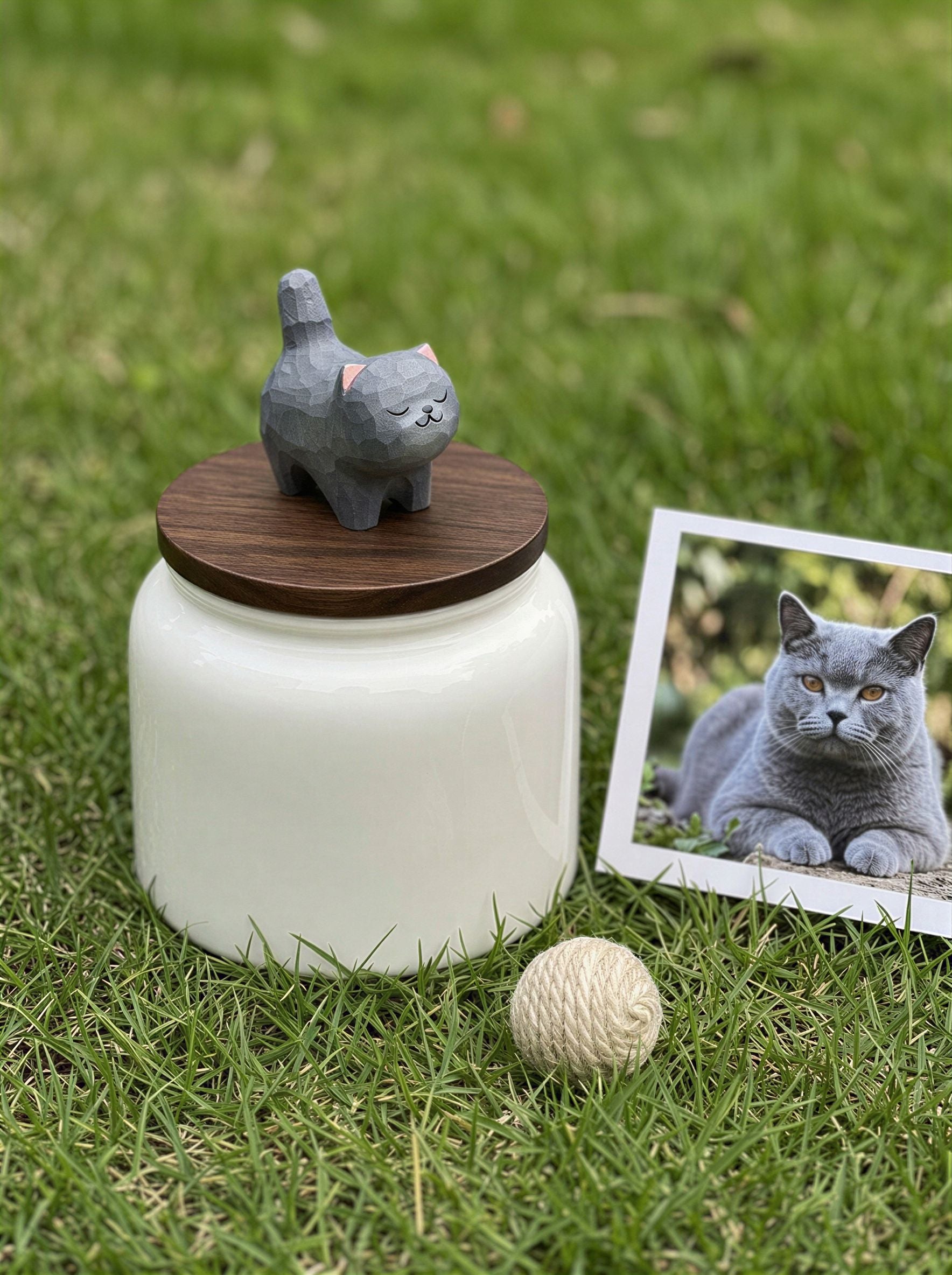 Standing Cat Ceramic Pet Urn with Memorial Figurine - 570ml - Blue British Shorthair - pet ashes memorial urn