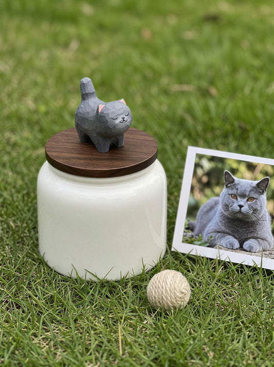 Standing Cat Ceramic Pet Urn with Memorial Figurine - 570ml - Blue British Shorthair - pet ashes memorial urn
