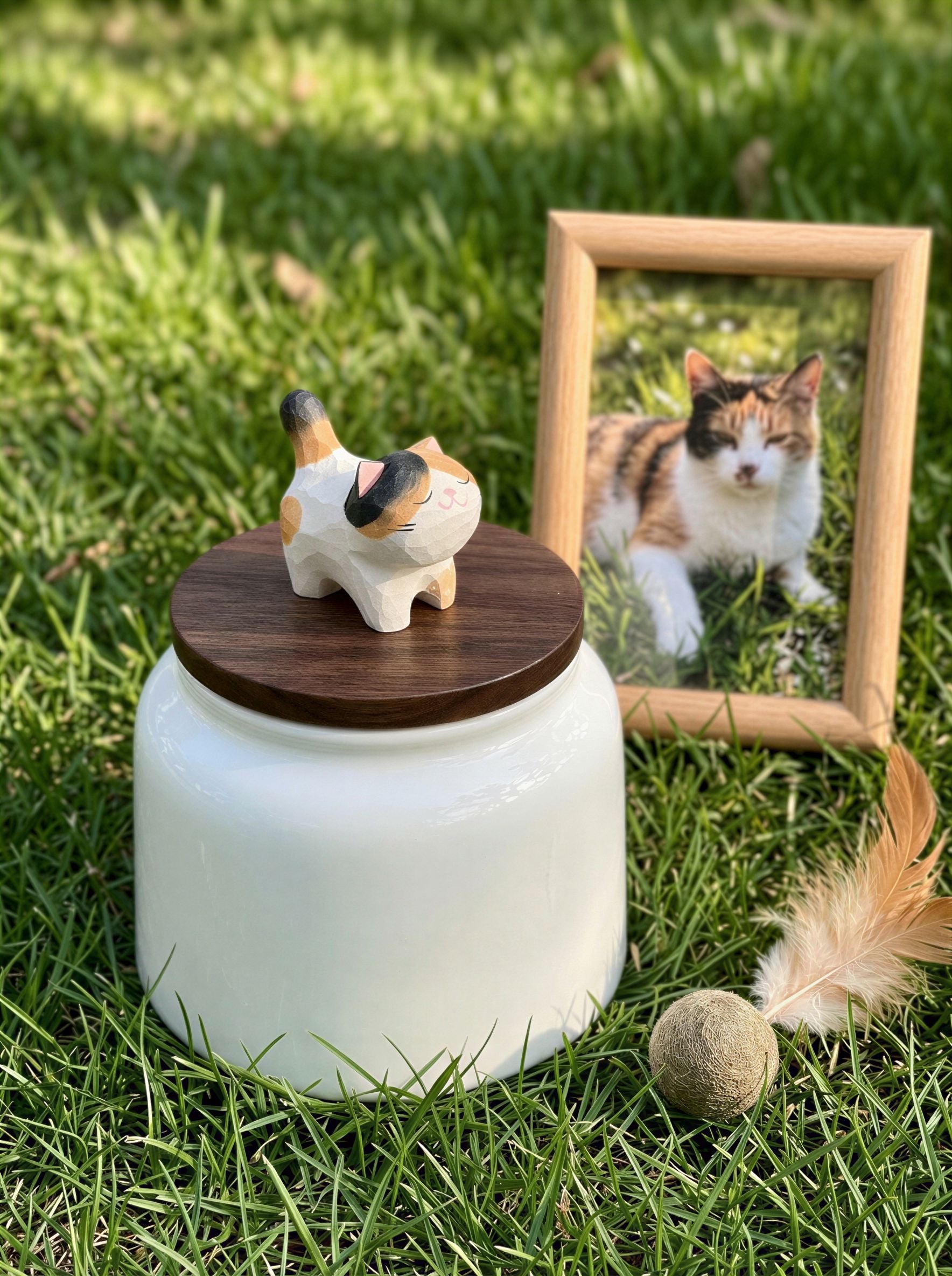 Standing Cat Ceramic Pet Urn with Memorial Figurine - 570ml - Calico - pet ashes memorial urn