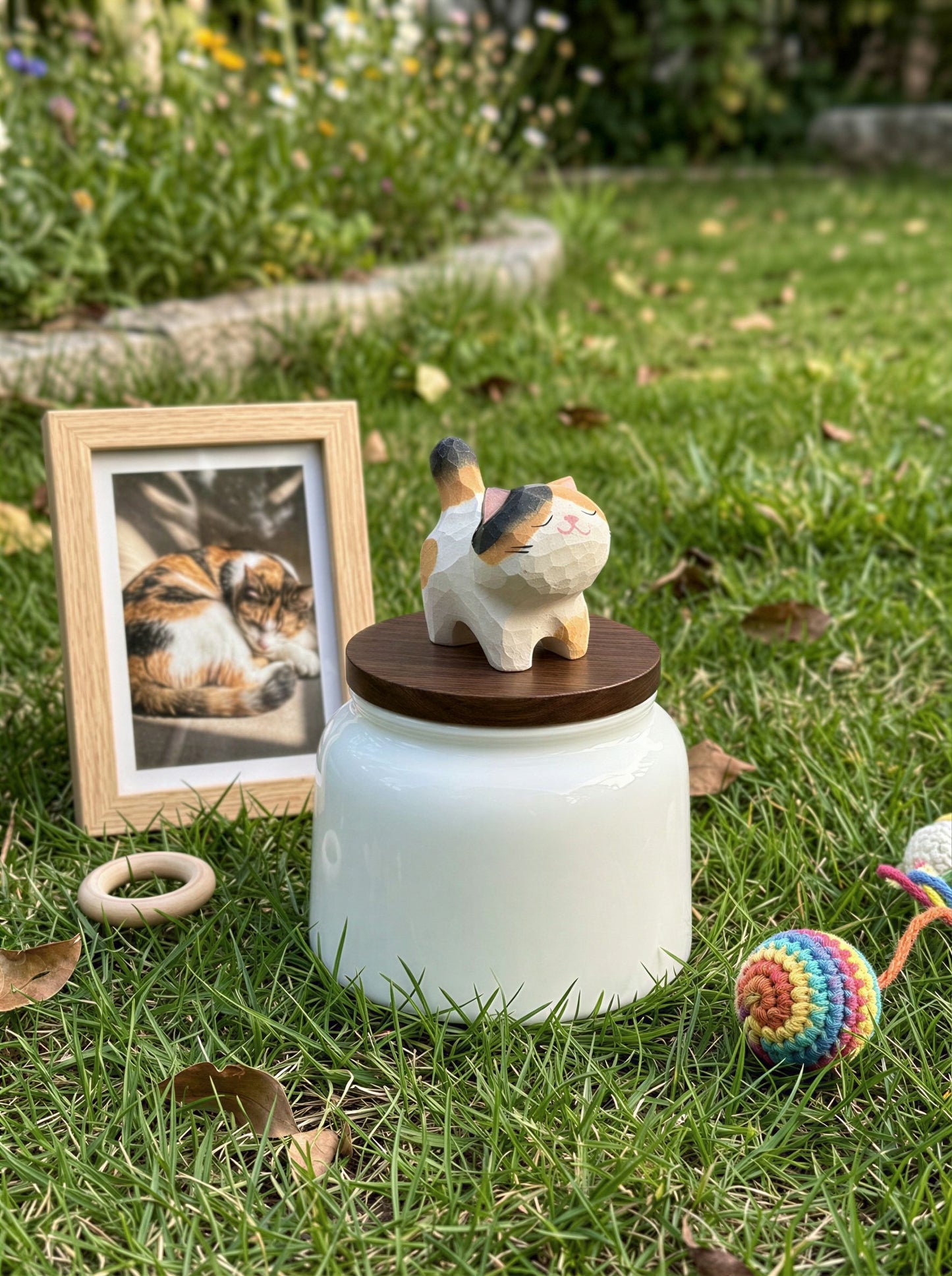 Standing Cat Ceramic Pet Urn with Memorial Figurine - 570ml - Calico - pet ashes memorial urn
