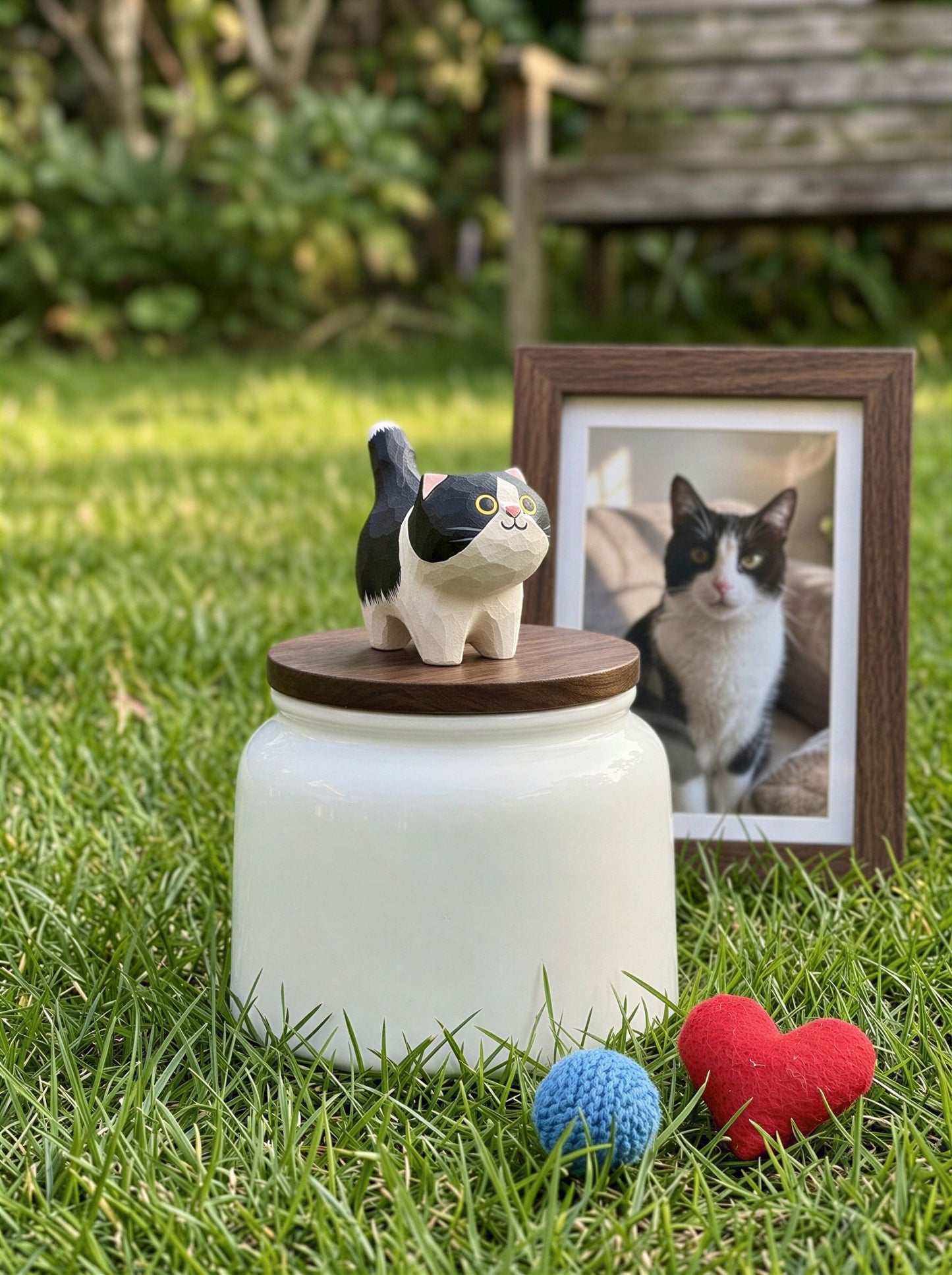 Standing Cat Ceramic Pet Urn with Memorial Figurine - 570ml - Tuxedo - pet ashes memorial urn