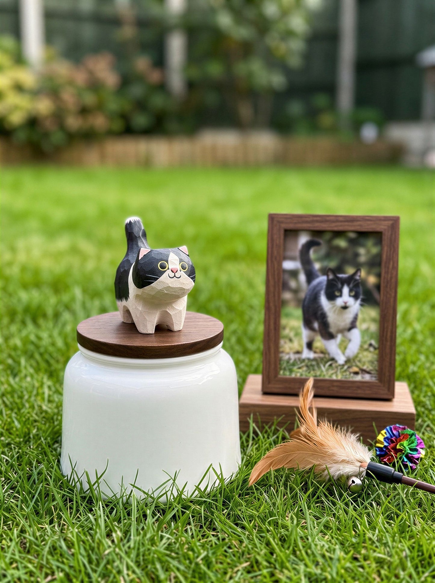 Standing Cat Ceramic Pet Urn with Memorial Figurine - 570ml - Tuxedo - pet ashes memorial urn