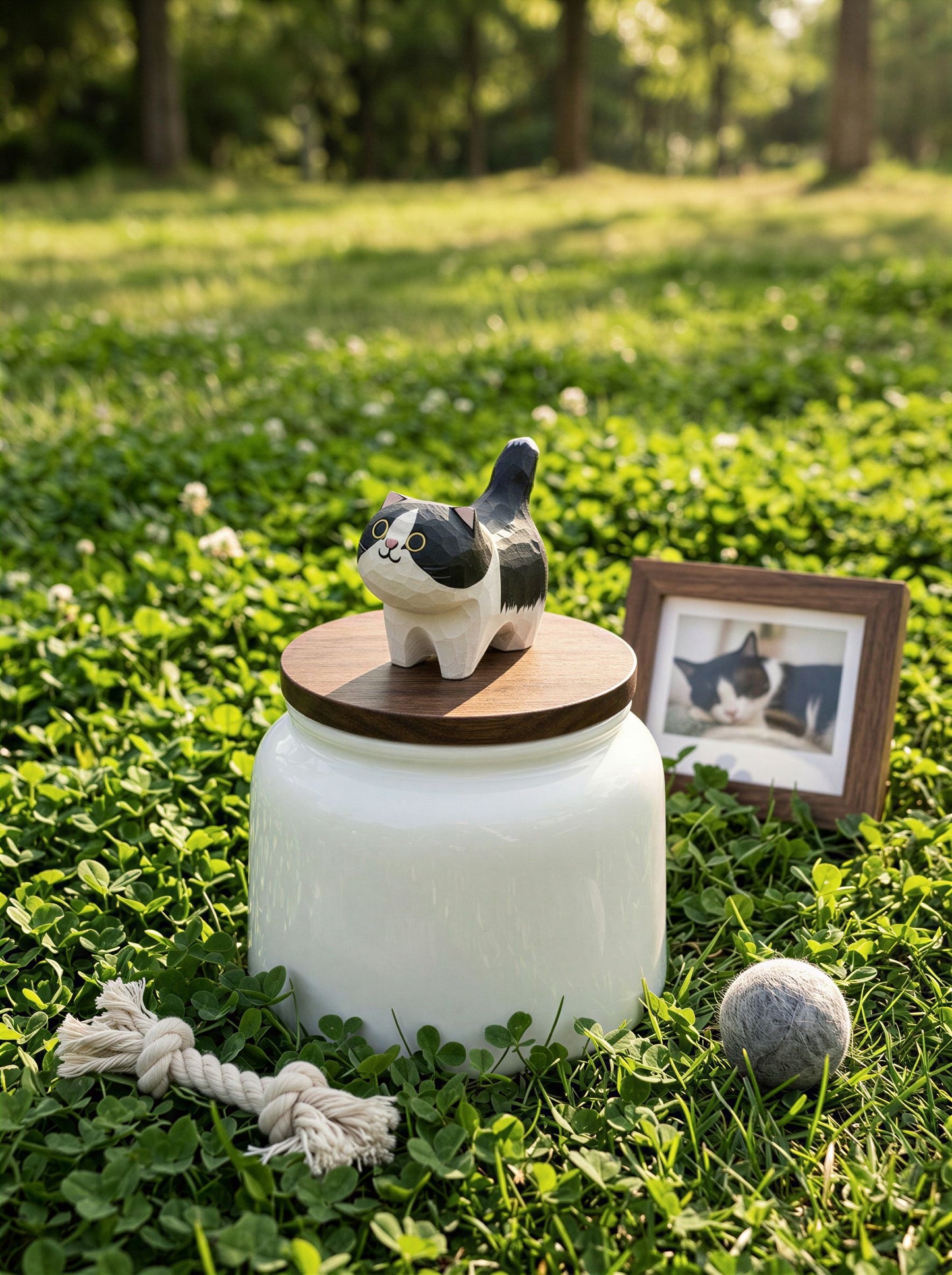 Standing Cat Ceramic Pet Urn with Memorial Figurine - 570ml - Tuxedo - pet ashes memorial urn