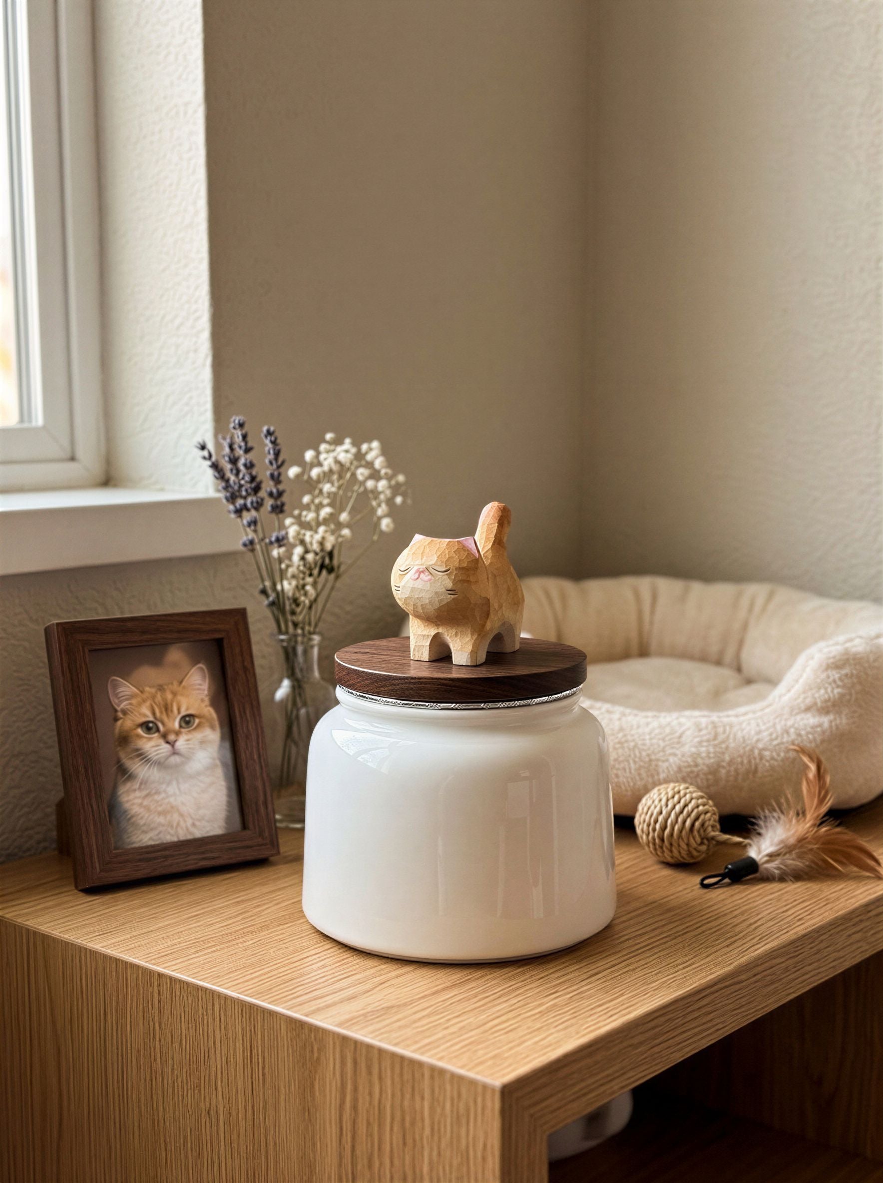 Standing Cat Ceramic Pet Urn with Memorial Figurine - 570ml - Golden British Shorthair - pet ashes memorial urn