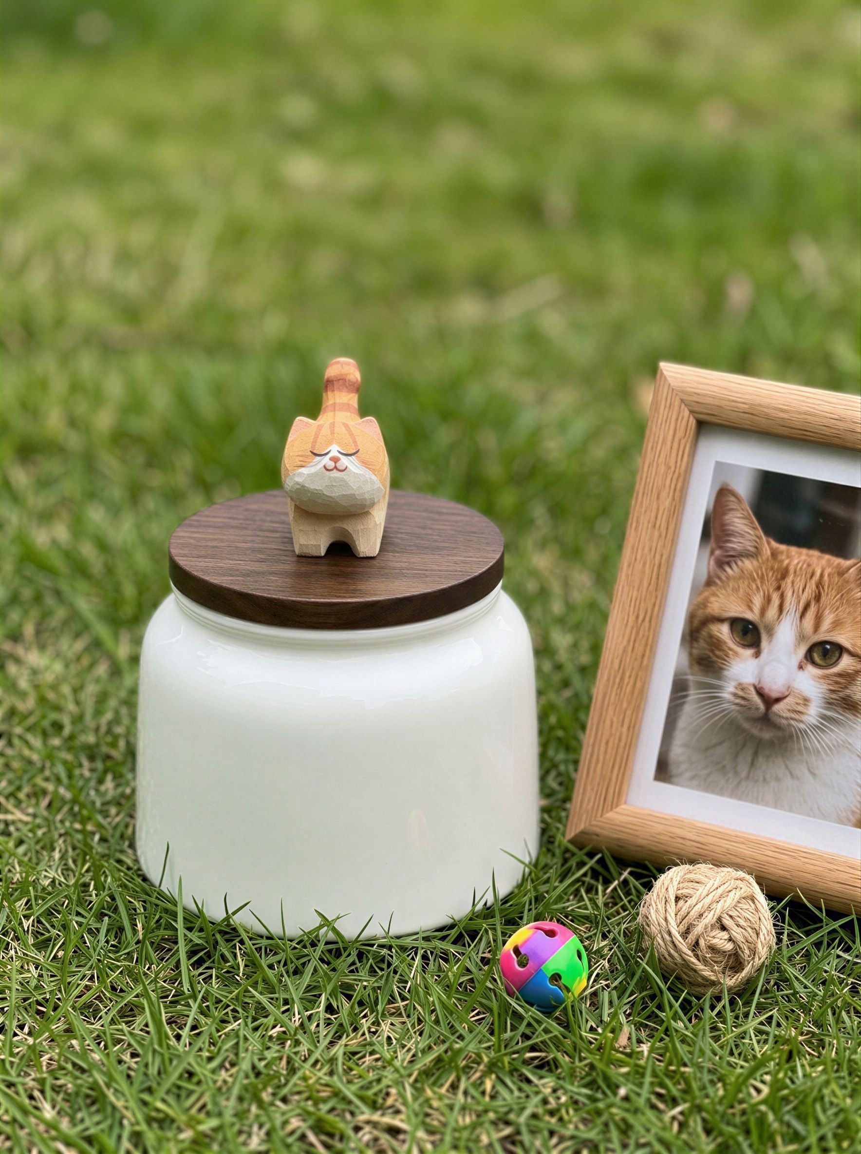 Standing Cat Ceramic Pet Urn with Memorial Figurine - 570ml - Orange Tabby - pet ashes memorial urn