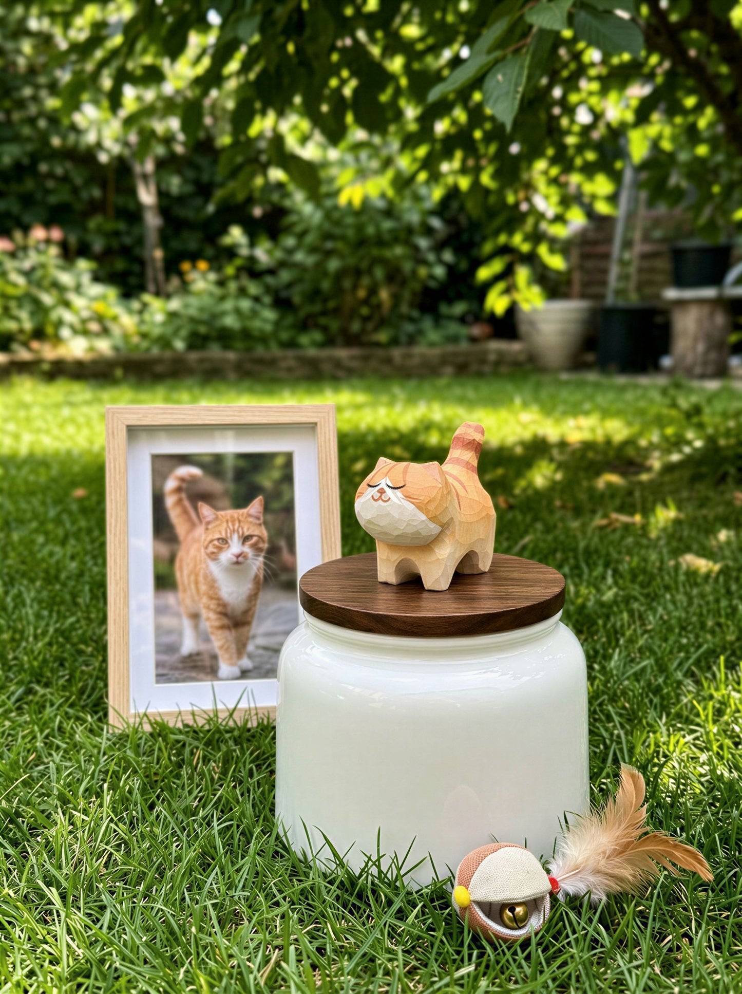 Standing Cat Ceramic Pet Urn with Memorial Figurine - 570ml - Orange Tabby - pet ashes memorial urn
