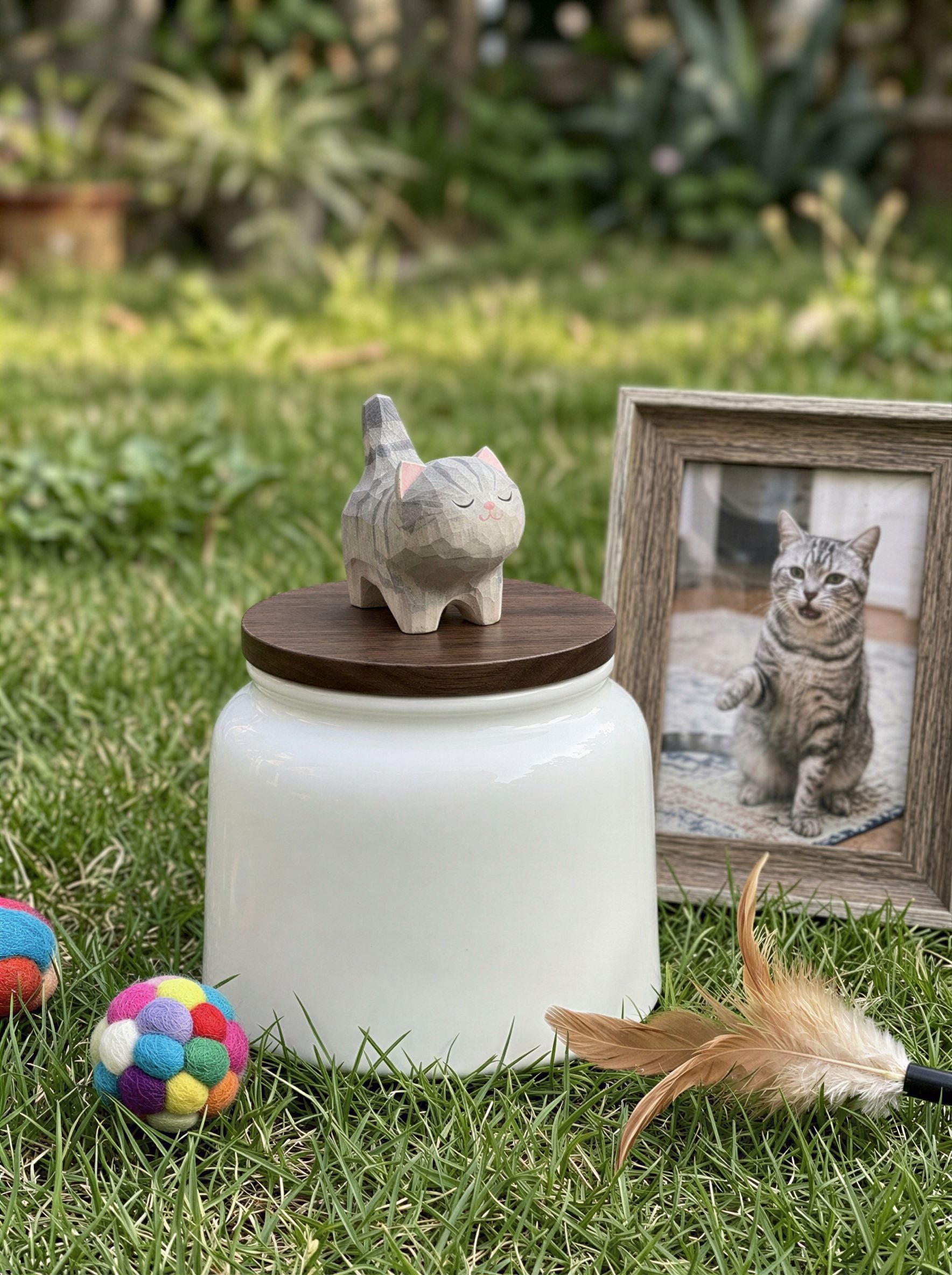 Standing Cat Ceramic Pet Urn with Memorial Figurine - 570ml - Tabby - pet ashes memorial urn