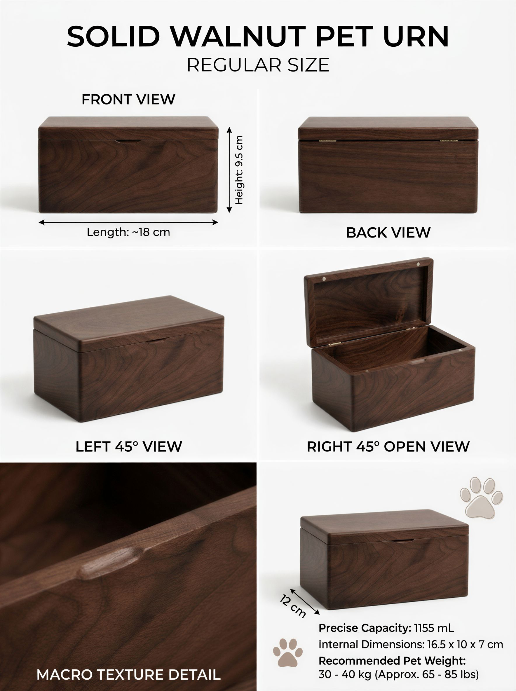 Size guide - walnut wood pet urn 1155ml