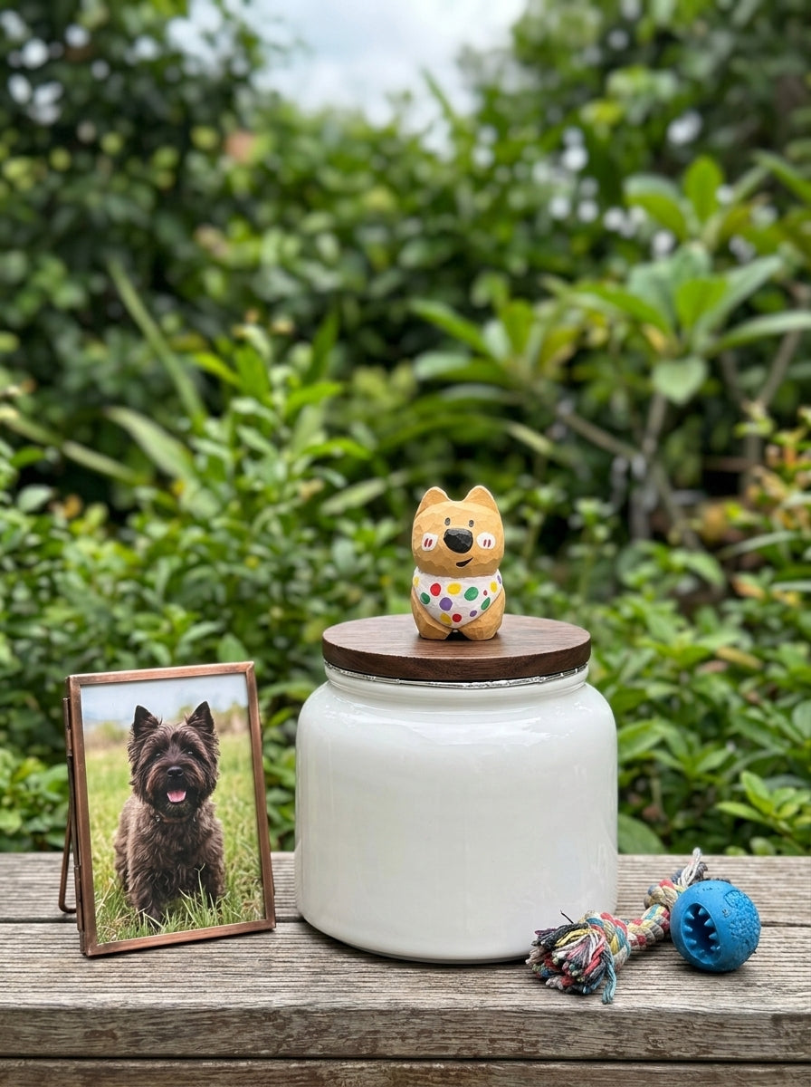 Westie Ceramic Pet Urn with Memorial Figurine - 570ml - Khaki - pet ashes memorial urn