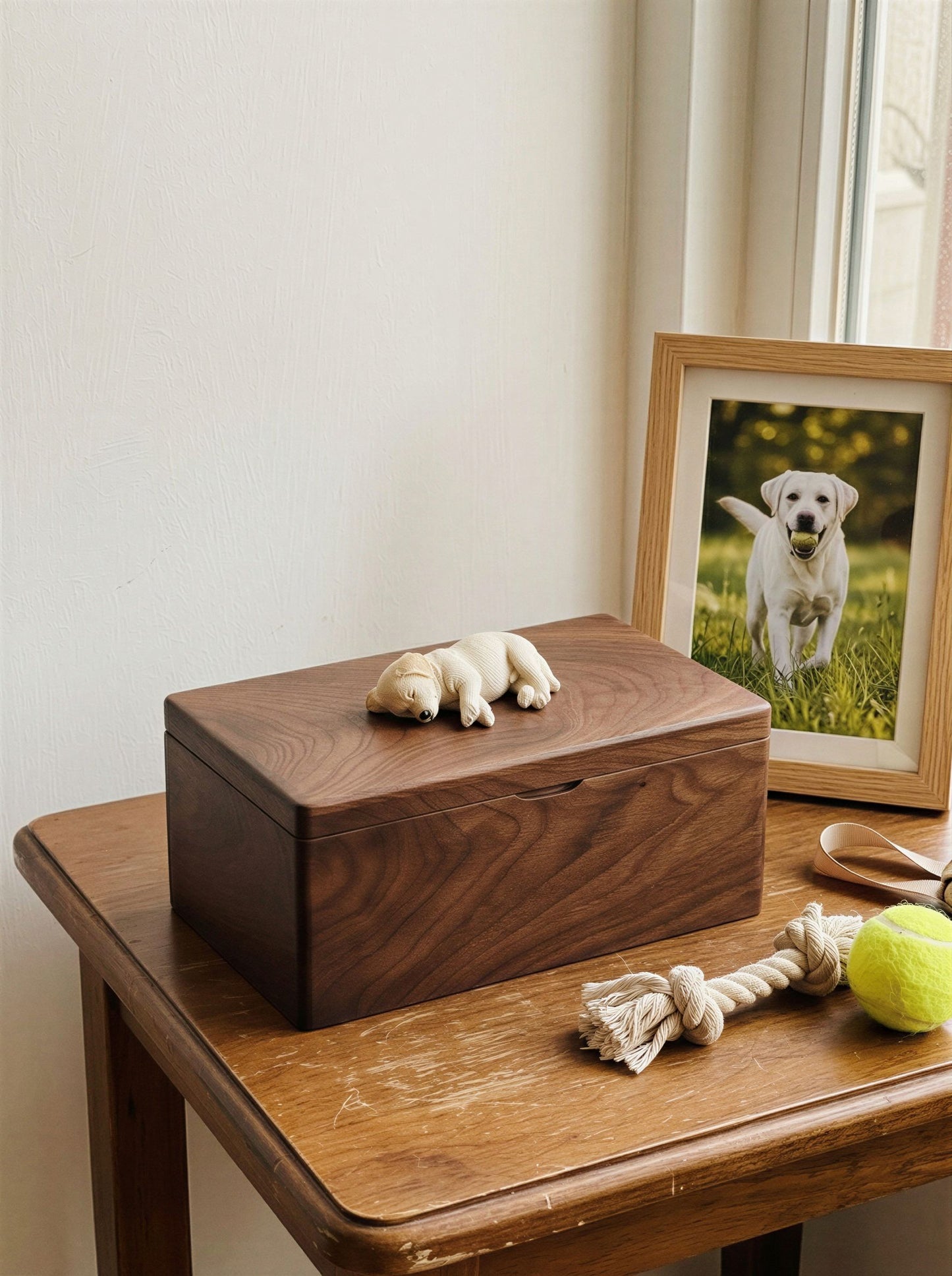 White Labrador Wooden Pet Urn with Memorial Figurine - Side-Lying - pet ashes memorial urn