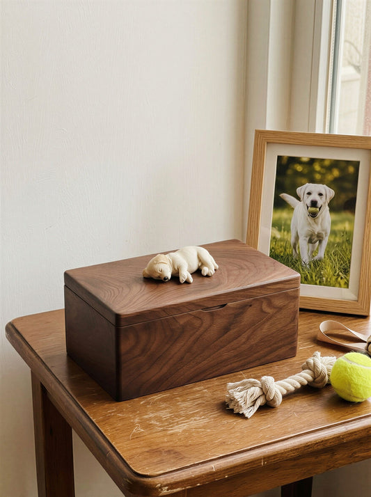 White Labrador Wooden Pet Urn with Memorial Figurine - Side-Lying - pet ashes memorial urn