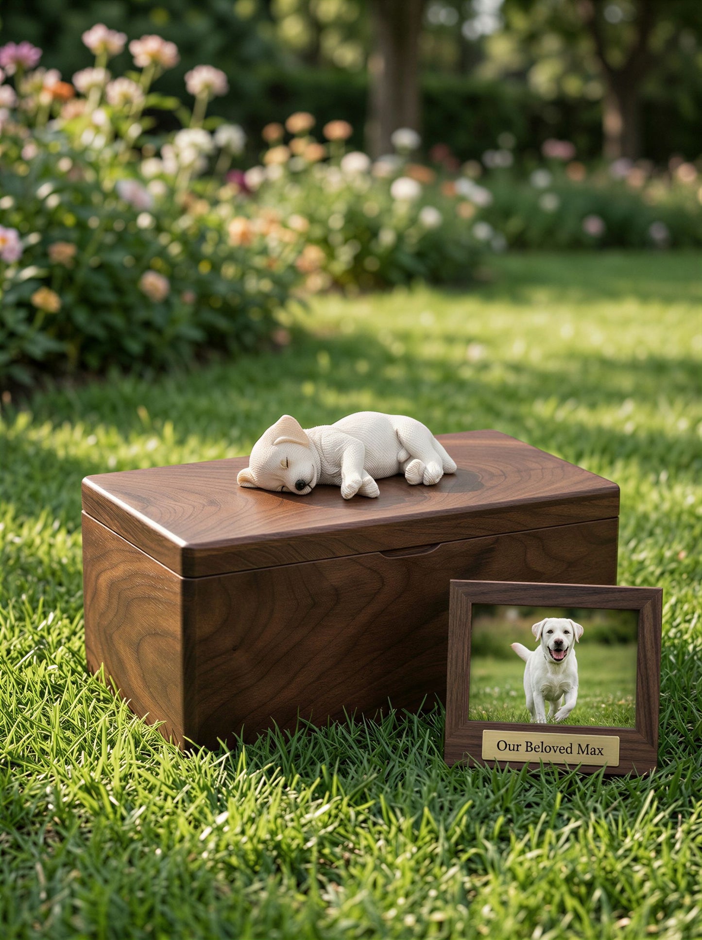 White Labrador Wooden Pet Urn with Memorial Figurine - Side-Lying - pet ashes memorial urn
