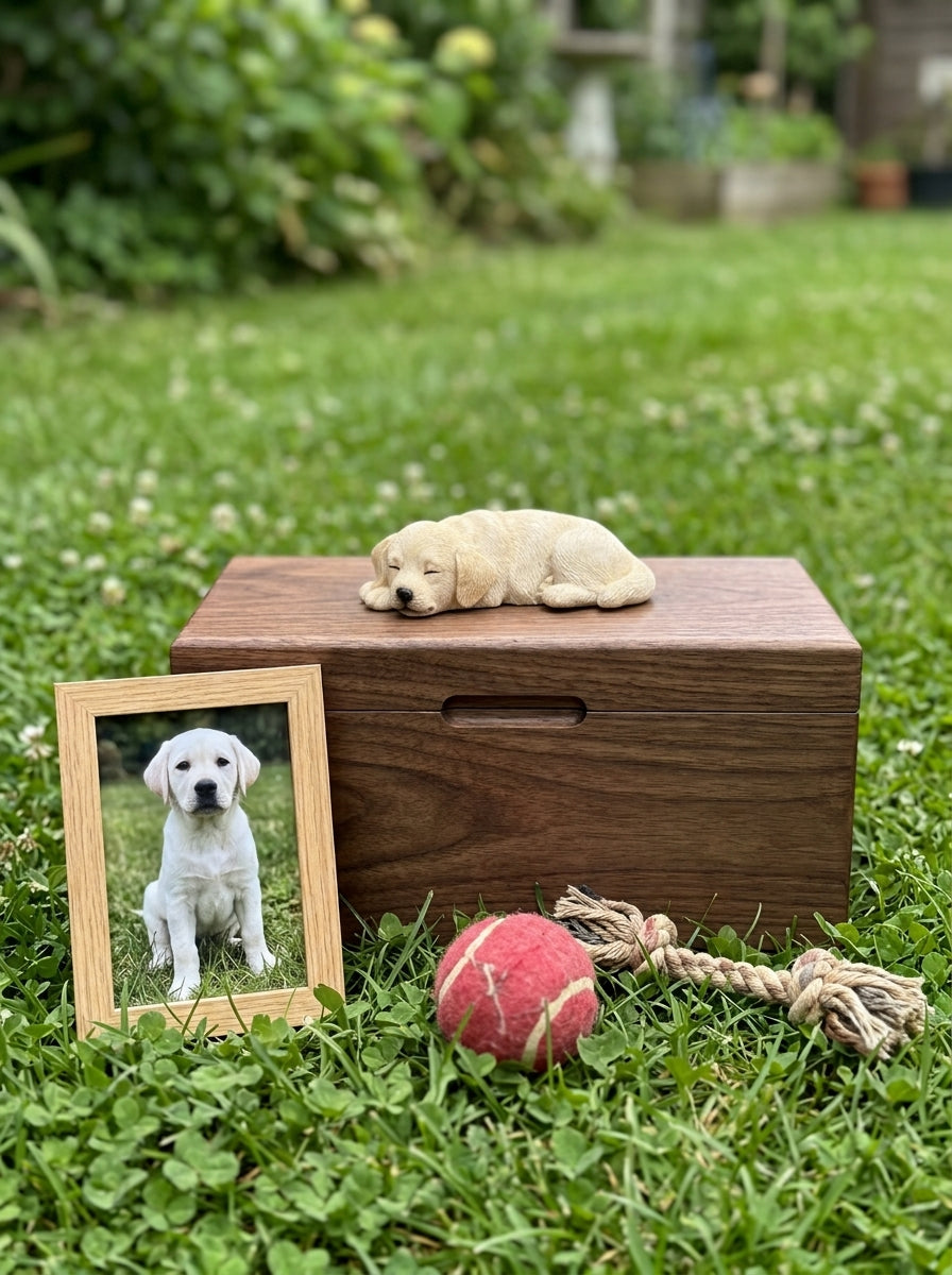 White Labrador Wooden Pet Urn with Memorial Figurine - Resting - pet ashes memorial urn