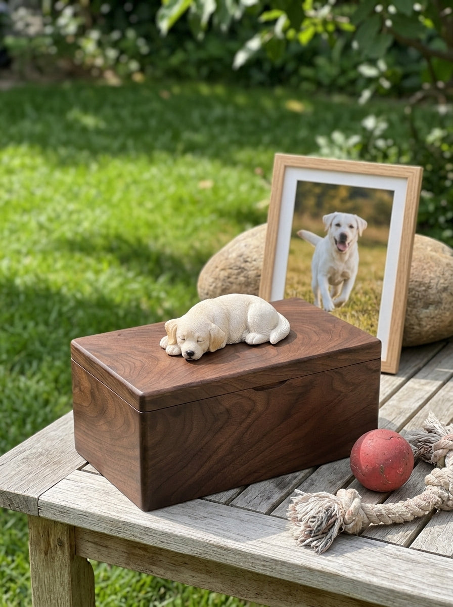 White Labrador Wooden Pet Urn with Memorial Figurine - Resting - pet ashes memorial urn