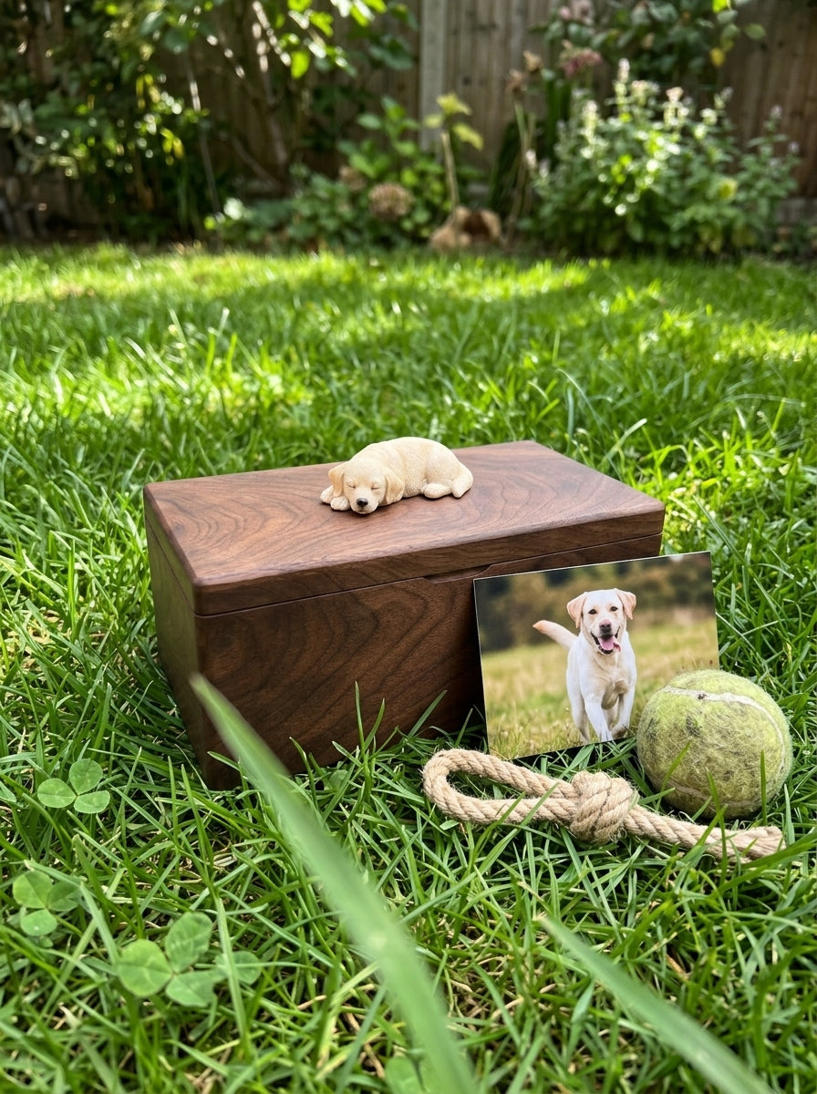 White Labrador Wooden Pet Urn with Memorial Figurine - Resting - pet ashes memorial urn