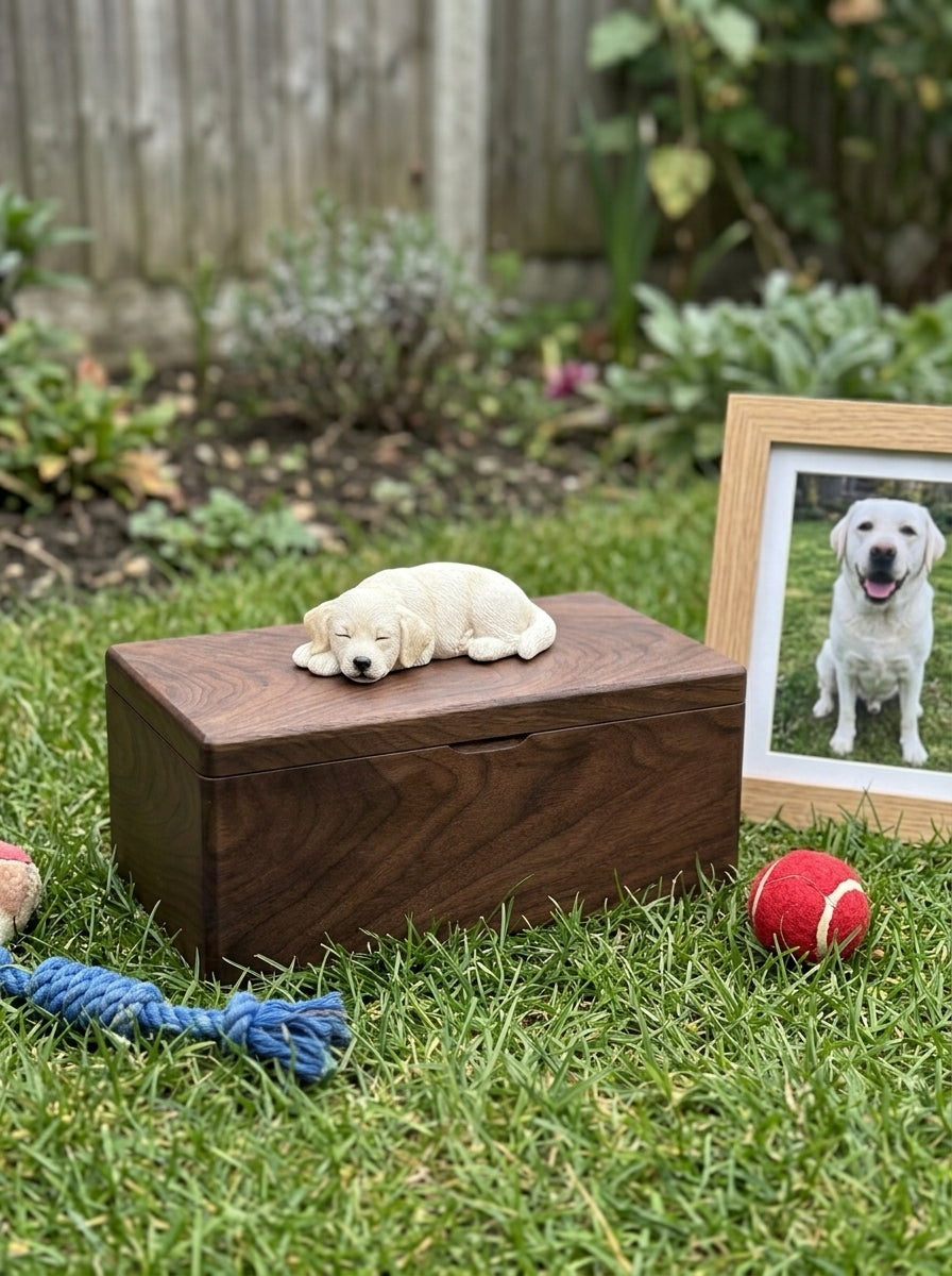 White Labrador Wooden Pet Urn with Memorial Figurine - Resting - pet ashes memorial urn
