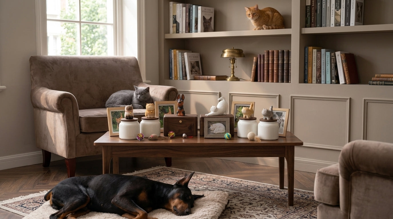 Pet memorial keepsakes displayed in a warm home