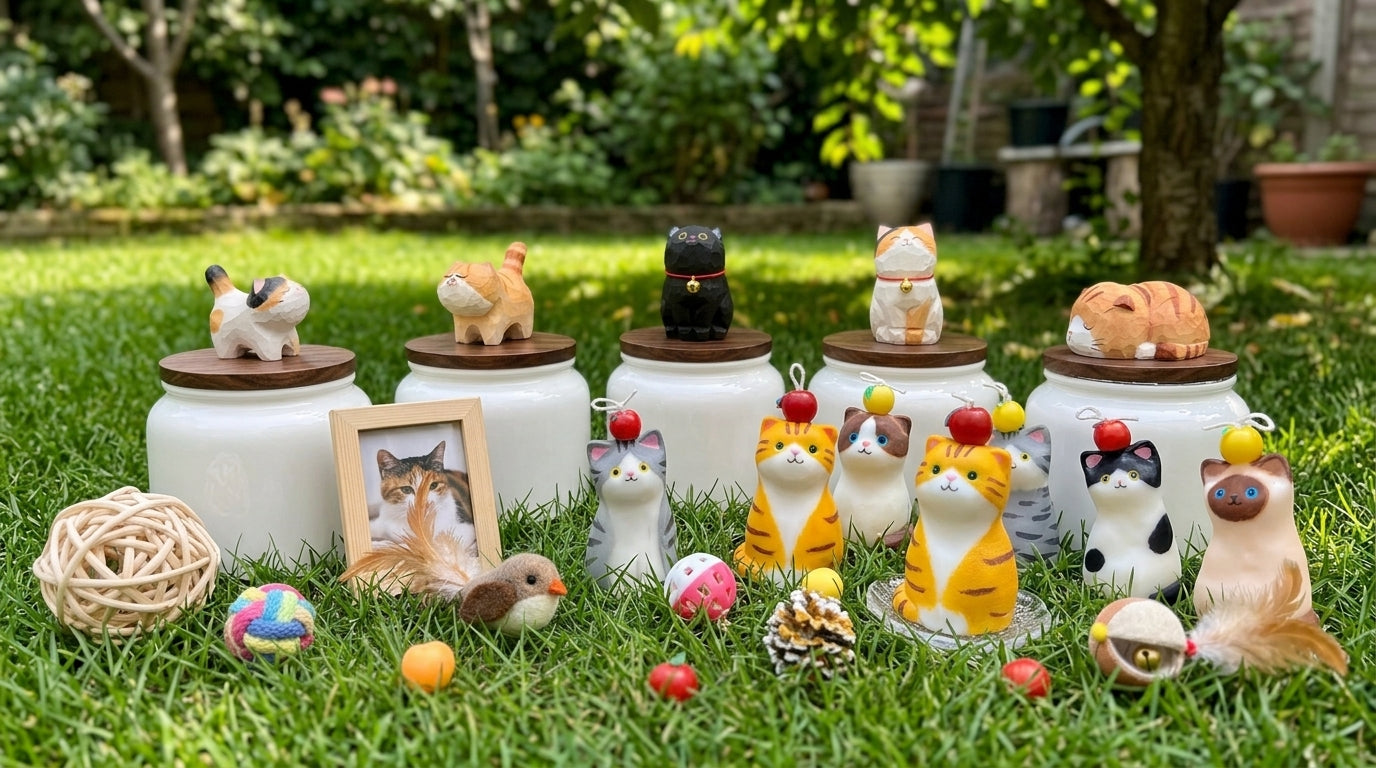 Cat memorial urns and handmade cat candles in a garden