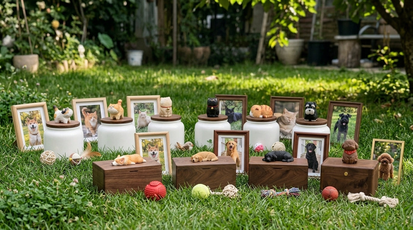 Cat and dog memorial urn collection with framed pet portraits